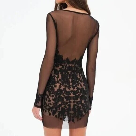 NEW FOR LOVE AND LEMONS LUAU BLACK EMBROIDERED MESH MINI DRESS SIZE XS - Picture 3 of 15